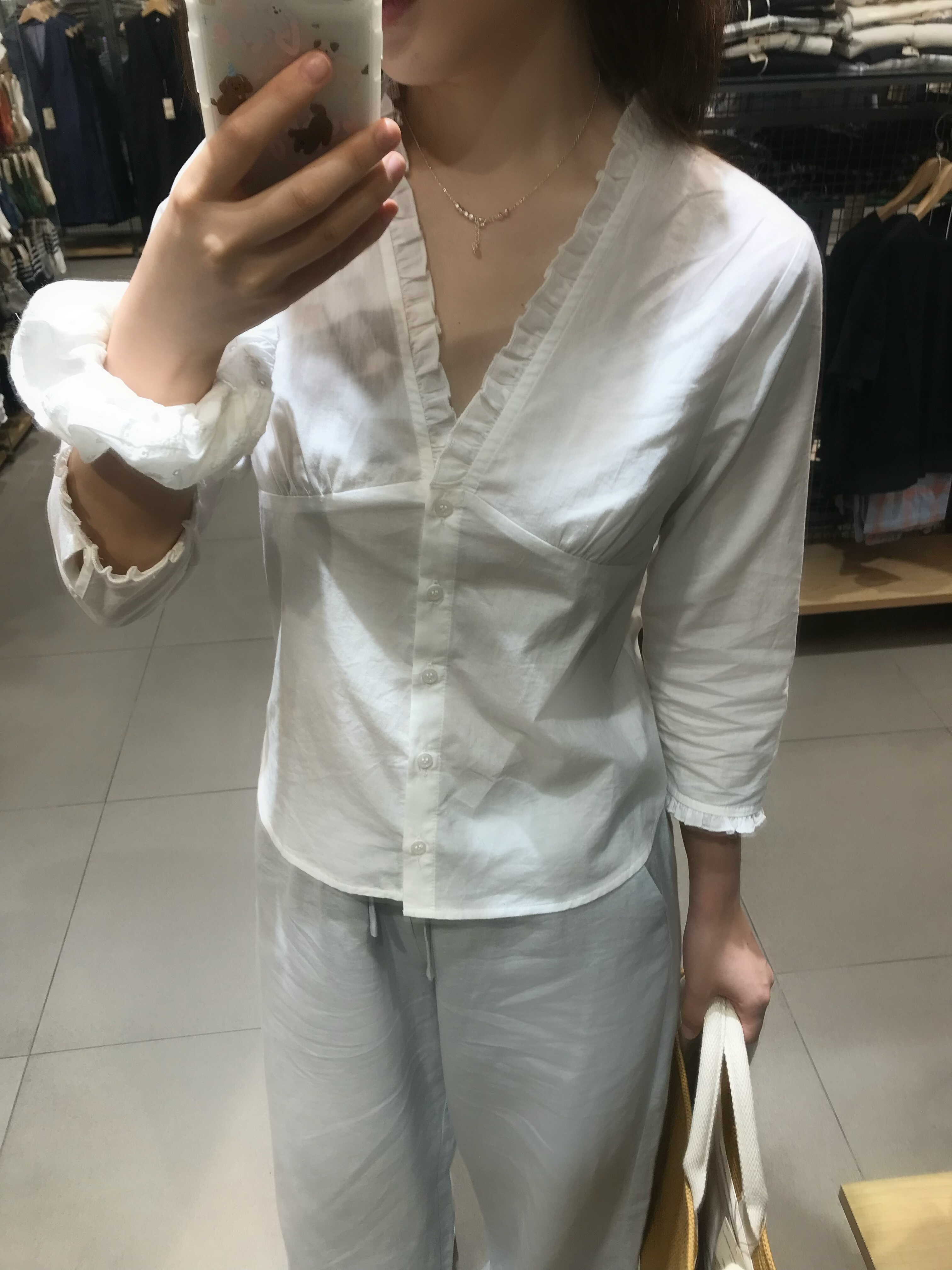 哦米家&middot;白色荷叶边V领纽扣衬衫bm纯欲七分袖修身上衣