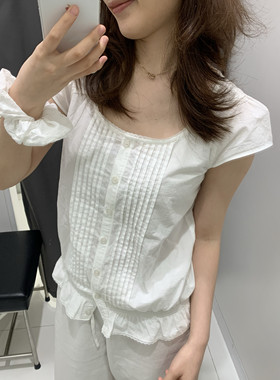 哦米家·甜美风花边领单排扣短袖上衣女夏bm白月光衬衫上衣百搭
