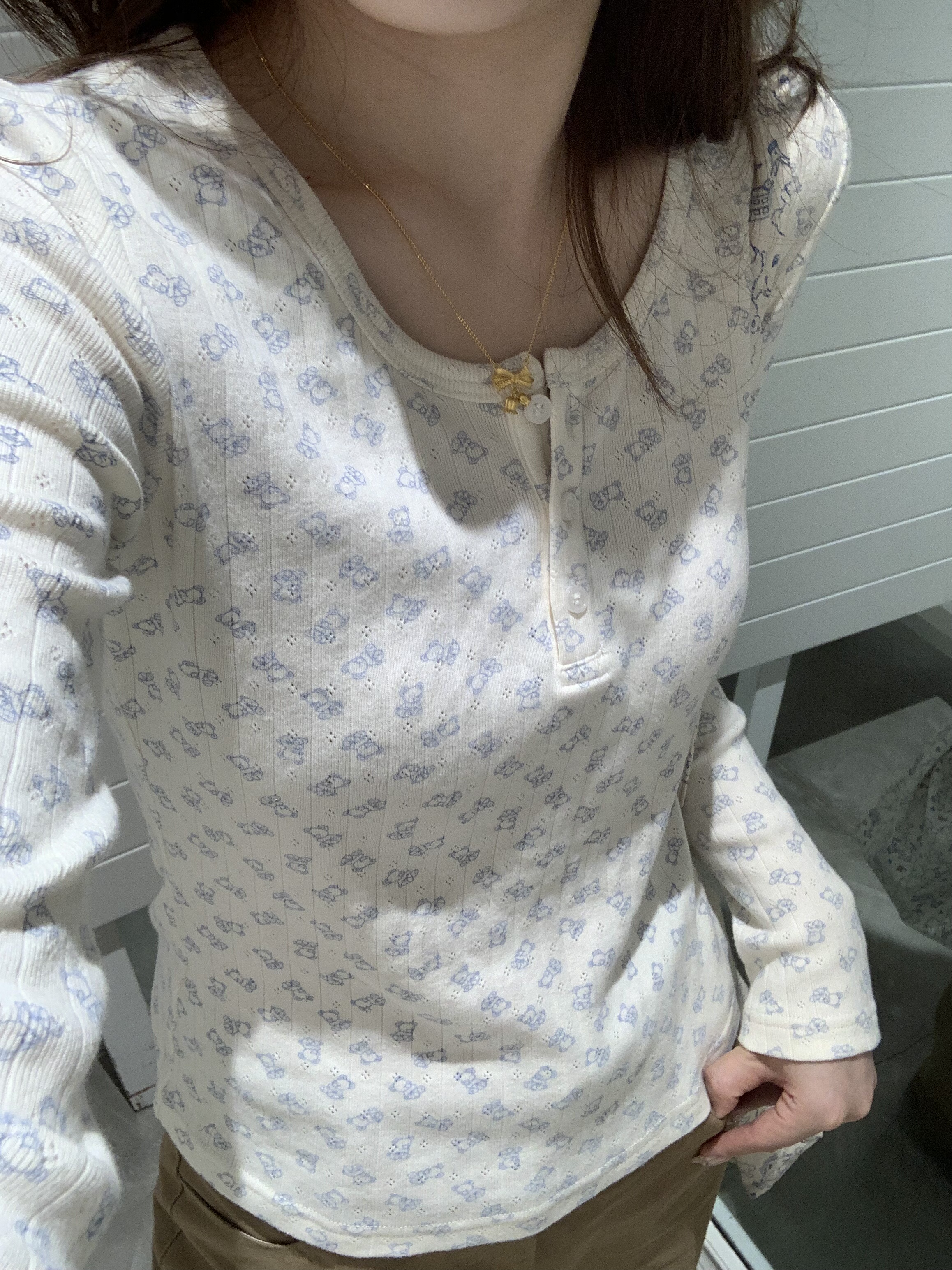 bm风小熊印花长袖打底衫圆领纽扣T恤女早秋显瘦内搭上衣