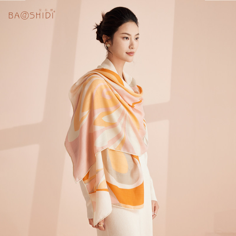 宝石蝶春秋大披肩空谷欣兰女生日妇女节礼物真丝羊毛围巾送礼盒