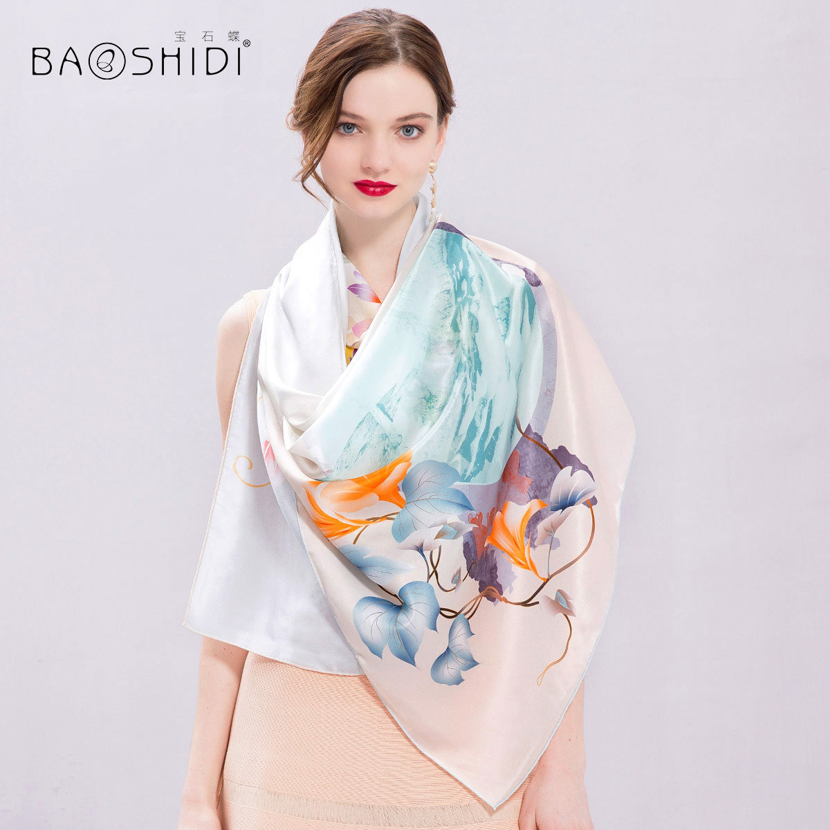 宝石蝶真丝围巾春秋桑蚕丝长巾旗袍披肩丝巾礼盒包装/清晨百合