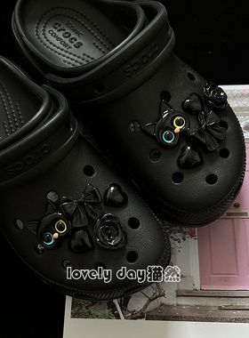 【神秘小黑猫】猫然原创适配crocs洞洞鞋配饰鞋花扣时尚黑可爱潮