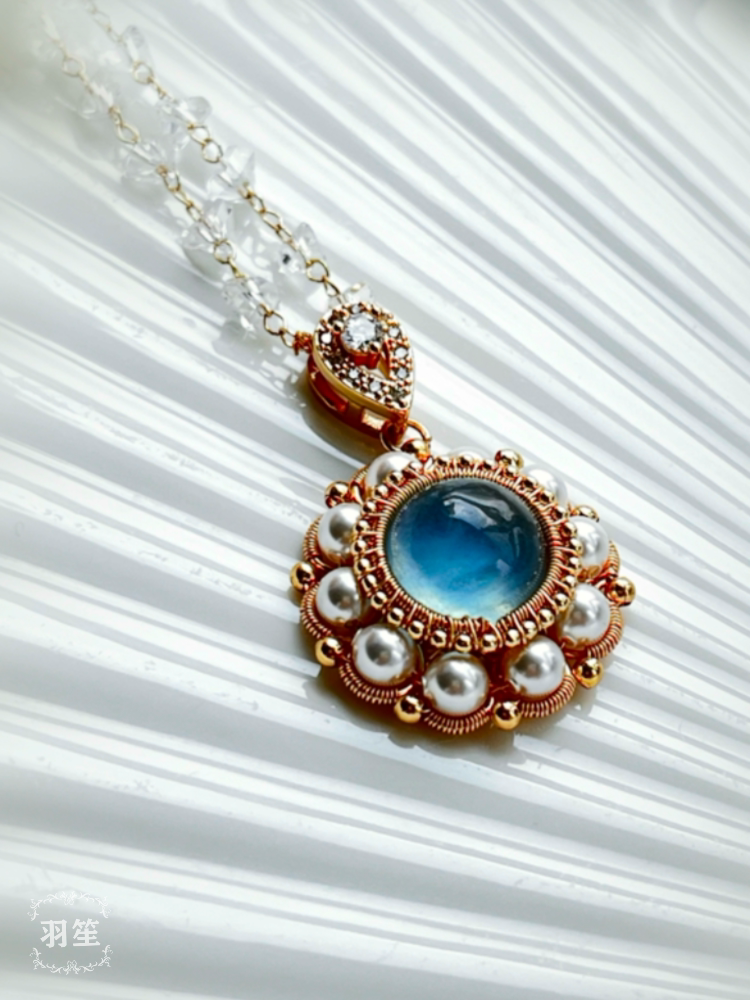 【羽笙】手工绕线首饰海蓝宝吊坠精致复古款魔鬼蓝海水蓝天然项链