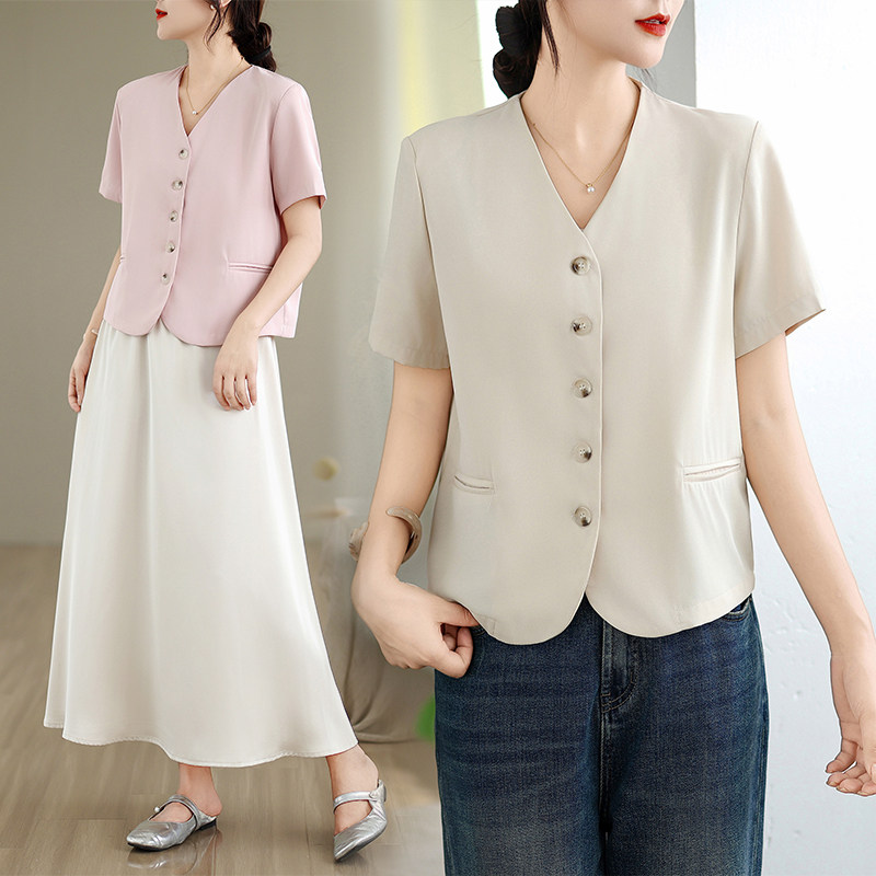 夏装新款大码女装韩版chic显瘦V领单排扣西服上衣M-4XL200斤