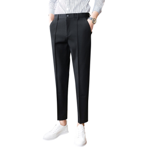 2806 2021春夏修身小脚休闲男式西裤九分男裤子免烫色织料-灰图片