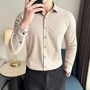 Y9015-P68 加厚保暖毛呢衬衫高级感 免烫衬衣米白色-M-4xl，男装衬衫，电商A211