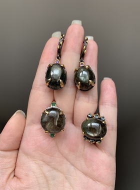 天然黑棕色蓝宝石925银戒指