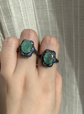 复古珠宝|欧美回流进口天然祖母绿蓝宝石925银镀金戒指女孤品礼物