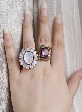 英国回流进口天然大颗强蓝光花卉白月光石925银活口戒指女