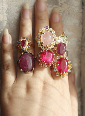 天然红宝石粉色托帕石橄榄石戒指