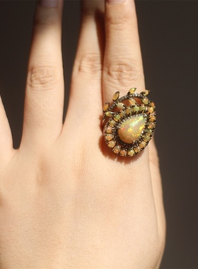 天然欧泊钻石925银镀金艺术戒指