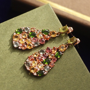 欧洲复古珠宝|进口天然中古董风橄榄石粉碧玺透辉石925银镀金耳环