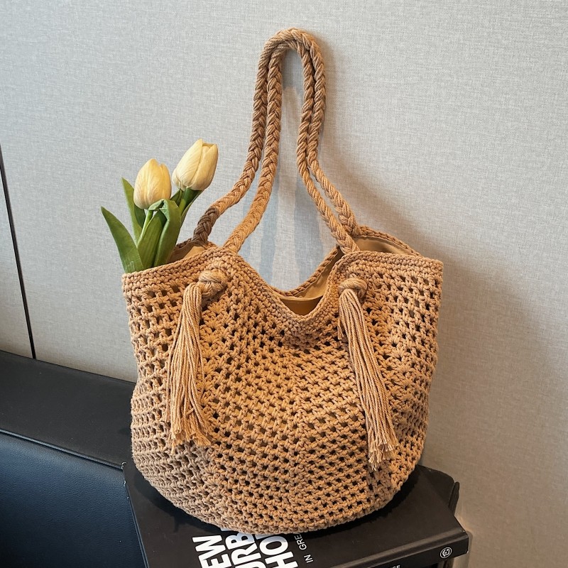 针织女包复古ins单肩包2025新款网眼镂空棉绳手提托特度假沙滩包,箱包皮具/热销女包/男包,托特包,淘宝优惠券,粉丝福利购,淘宝优惠卷