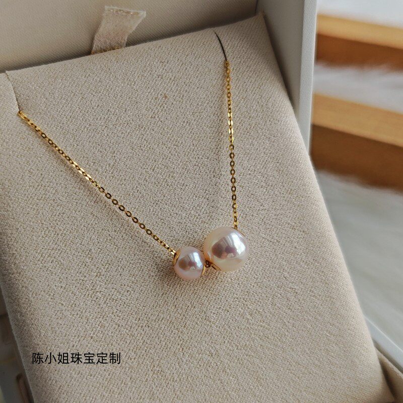 天然淡水珍珠吊坠女项链双珠18k金路路通正圆玫瑰金精致百搭气质