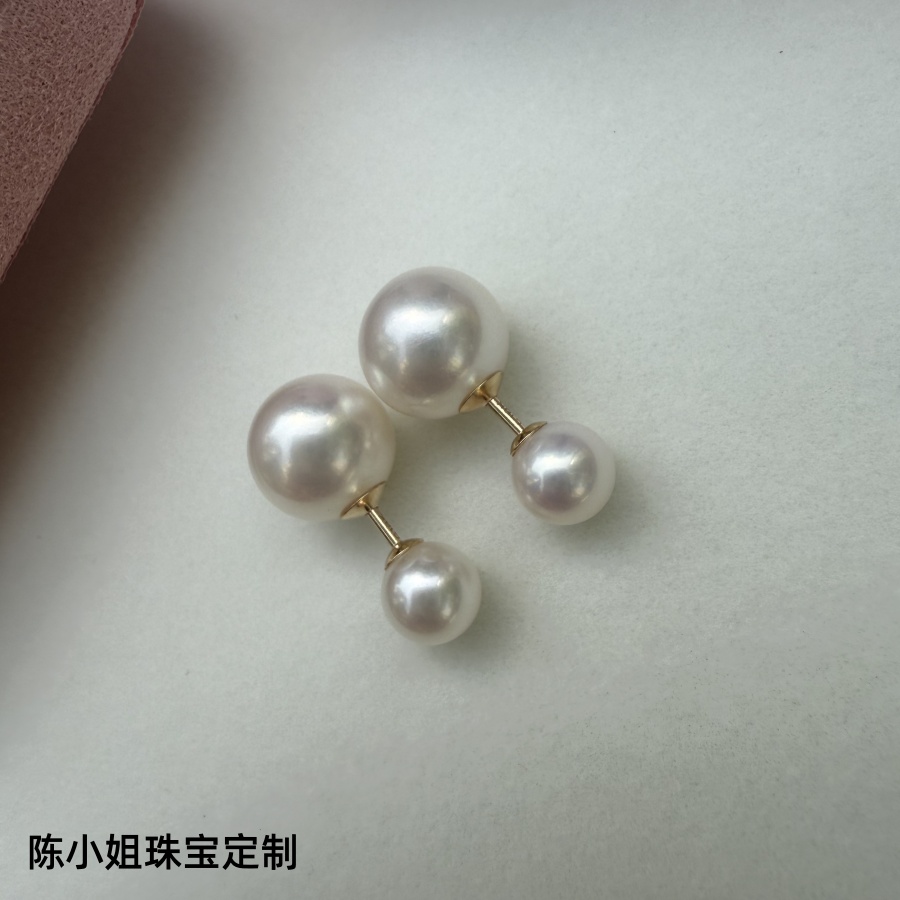 D字母双珠天然淡水珍珠耳钉前后大小耳环18k金双面耳饰强光二戴