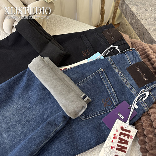 汐家女裤 秋冬高腰水洗女加绒冬季直筒裤大码加厚显瘦弹力牛仔裤