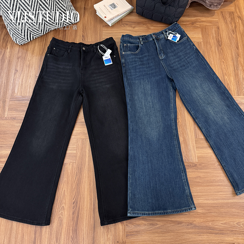 汐家女裤 秋冬加绒长裤女厚款高腰牛仔裤大码百搭直筒休闲微喇裤