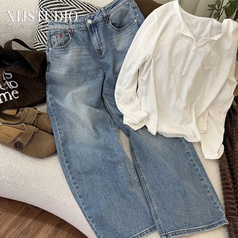 汐家女裤初春浅色水洗蓝牛仔裤大码高腰阔腿长裤设计感宽松百搭