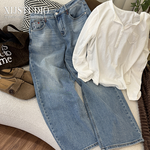 汐家女裤初春浅色水洗蓝牛仔裤大码高腰阔腿长裤设计感宽松百搭