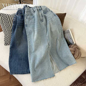 汐家大码女装  春夏新款松紧高腰开叉显瘦半身裙微阔a字牛仔裙