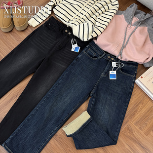 休闲韩版 汐家女裤 高腰烟管牛仔裤 大码 秋冬加绒弹力小直筒裤