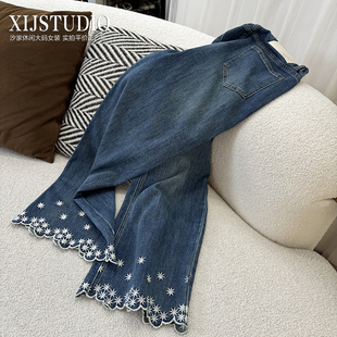 森系田园九分阔腿裤 汐家女裤 大码 弹力弹花边刺绣牛仔裤 高腰秋款