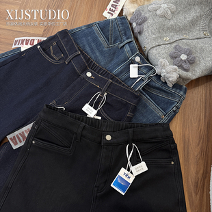 汐家女裤 秋冬高品质加绒高腰直筒牛仔裤大码简约百搭奶奶裤长裤