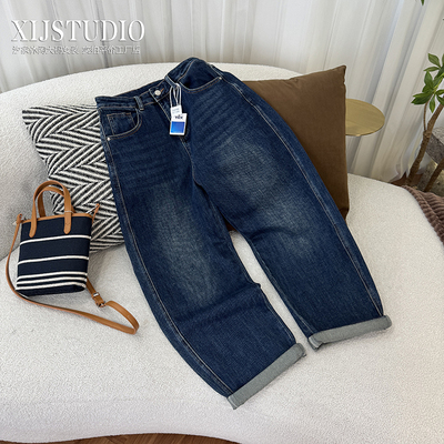 汐家女裤 秋季高腰弹力休闲风老爹牛仔裤大码宽松高品质弯刀裤