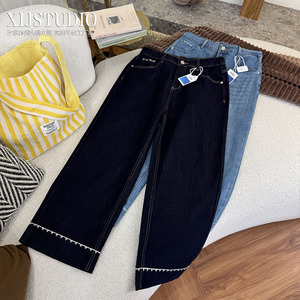 汐家女裤春夏新款高腰宽松九分牛仔裤大码直筒显瘦韩版刺绣奶奶裤