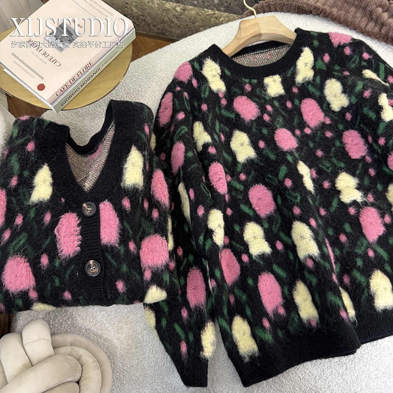 汐家女装 圆领毛巾绣毛茸茸套头毛衣大码加厚冬季开衫毛针织衫