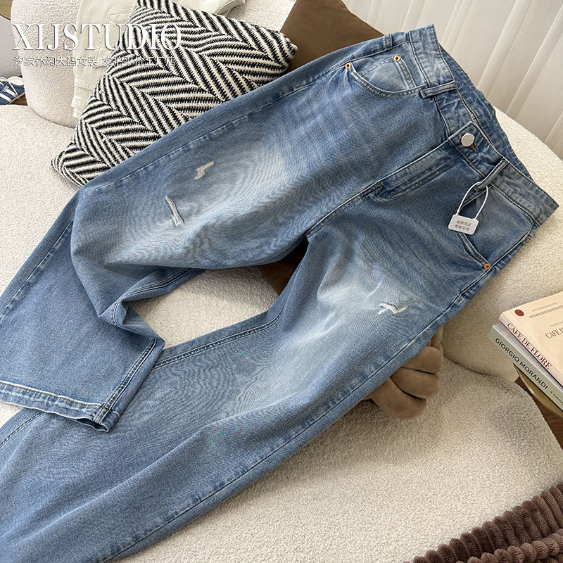 汐家女裤 春夏薄款破洞简约阔腿裤长裤大码高腰微弹宽松牛仔裤