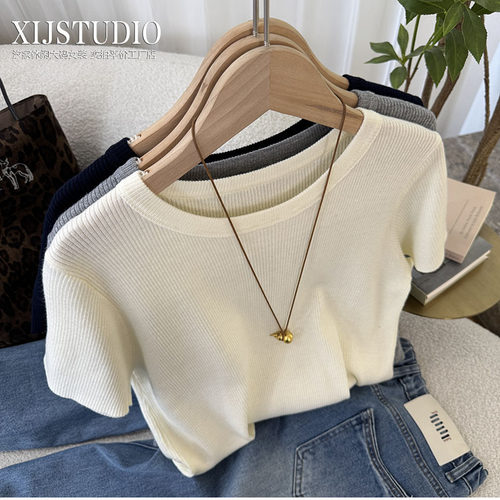 汐家女装 春季新款短袖显瘦上衣大码极简显瘦高级感圆领针织内搭