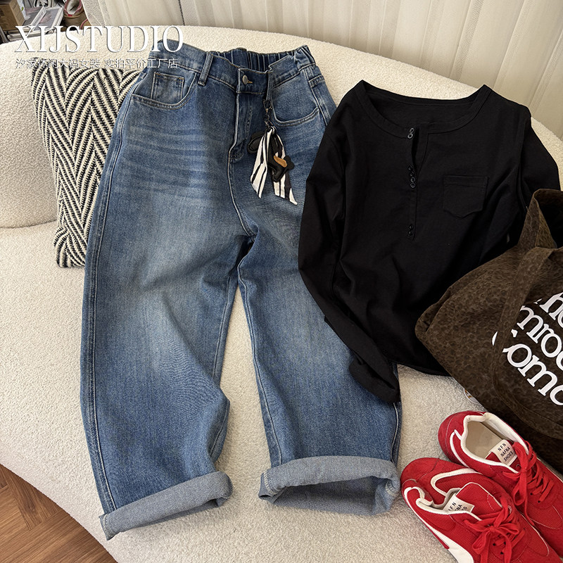 汐家女裤春季新款赠小马配饰水洗蓝男友裤大码高腰微弹牛仔老爹裤,女装/女士精品,大码裤装,淘宝优惠券,粉丝福利购,淘宝优惠卷