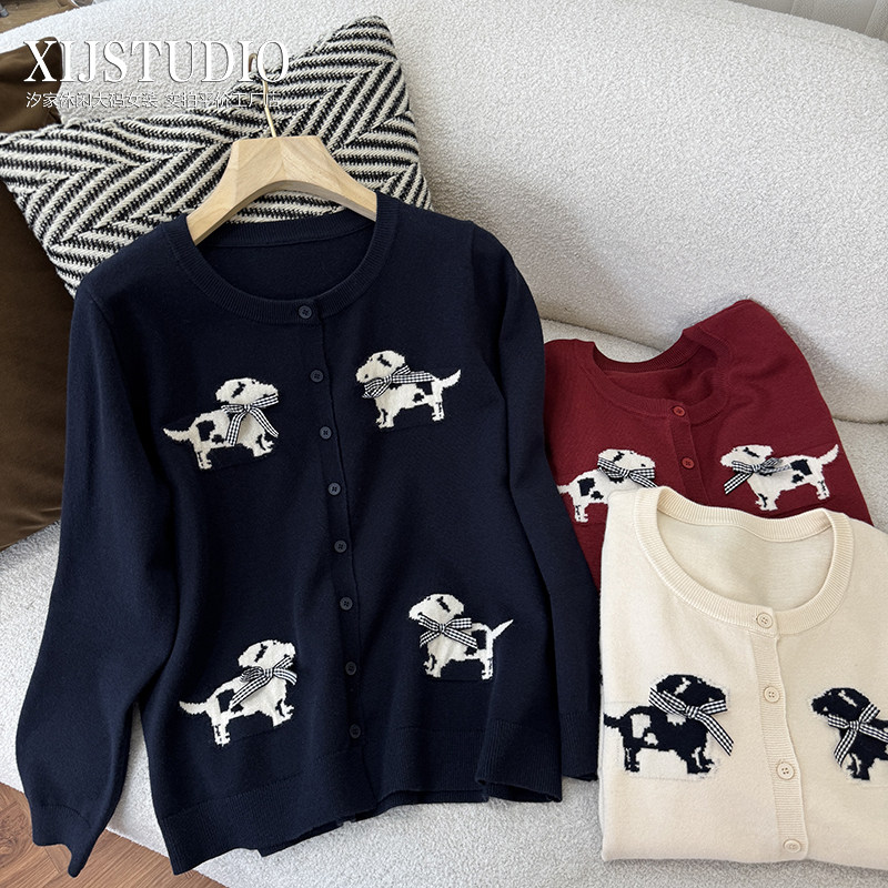 汐家女装 秋冬新款减龄提花圆领针织开衫女大码韩版长袖毛衣,女装/女士精品,大码内搭,淘宝优惠券,粉丝福利购,淘宝优惠卷