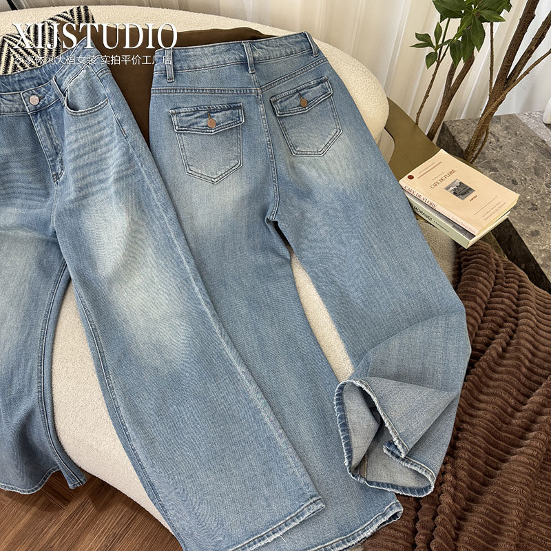 汐家女裤 春季新款阔腿微喇裤长裤大码宽松高腰水洗蓝宽松牛仔裤
