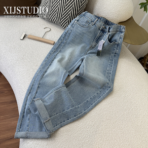 汐家女裤 大码春季新款双裤线浅蓝色烟管裤女显瘦休闲法棍直筒裤