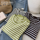 条纹内搭t恤女大码 薄款 胖mm休闲风宽松套头针织上衣 春季 汐家女装