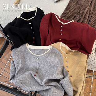 大码 针织衫 百搭套头打底毛衣 秋冬圆领撞色长袖 汐家女装