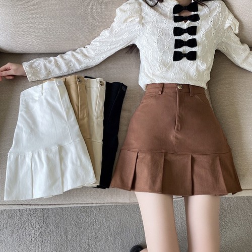 Real shooting A-line half length skirt women's dress Korean version high waist thin pleated skirt black versatile Hip Wrap short skirt