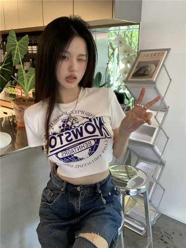 Real shot of the original sweet and spicy pure cotton high-waisted short navel-baring letter printed top hot girl T-shirt trendy