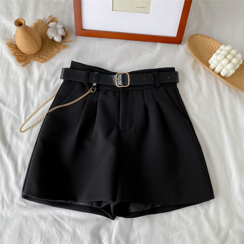 Real shot Korean version of casual thin wide leg shorts high waist personalized suit pants with chain belt