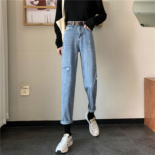 Korean version of 2021 new jeans women's loose and versatile slim Retro High waist straight pants