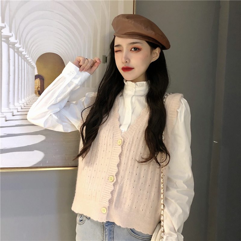 Real shot care machine hollow knitted vest women's sweater jacket + Ruffle shirt suit