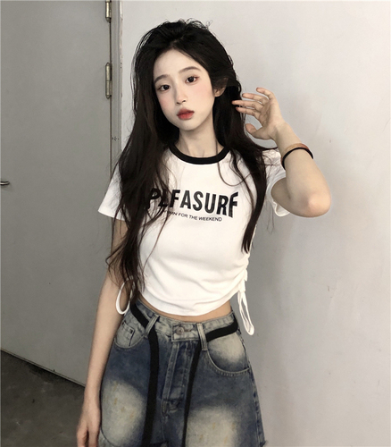 Real shot of sweet and spicy pure cotton letter printed short-sleeved T-shirt design, versatile retro round neck drawstring top