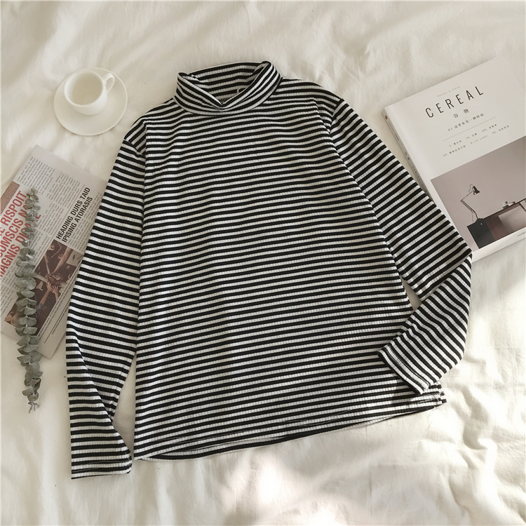 Real shot Korean high collar striped T-shirt autumn and winter slim fitting with plush bottomed shirt