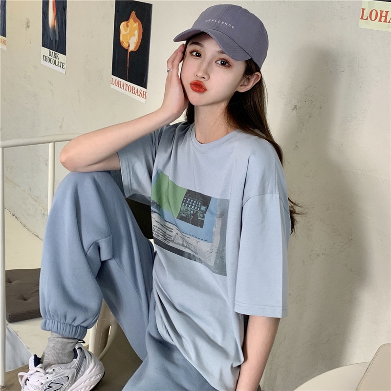 Real shot Korean version medium length versatile loose short sleeve T-shirt