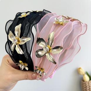 2025宽边钻石花朵发箍女网红新款钻石网纱发卡加宽边头箍头饰