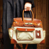 手工重磅意大利牛皮拼接帆布复古真牛皮小众高级铂金包凯莉旅行包