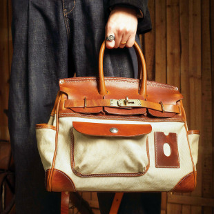 手工重磅意大利牛皮拼接帆布复古真牛皮小众高级铂金包凯莉旅行包