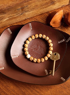 意大利头层牛皮手工牛皮收纳盘首饰文玩置物盘醒草盘玄关钥匙托盘